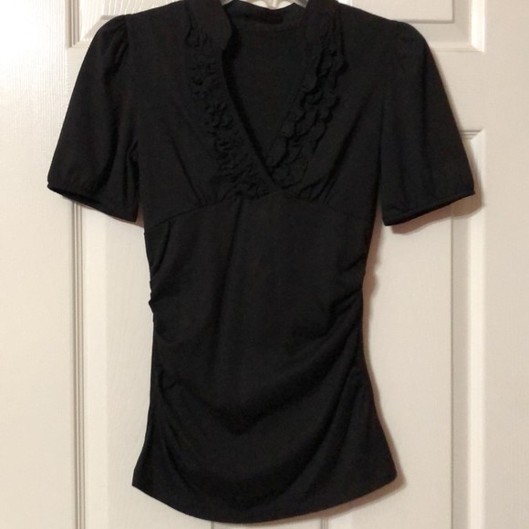 Womens Blouse Black V-Neck Top Tuxedo Style Ruffles Size Small Short Sleeve - Picture 1 of 5